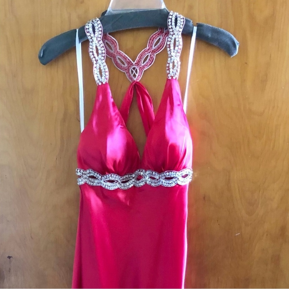 Elegant Red Halter Dress with Beaded Details